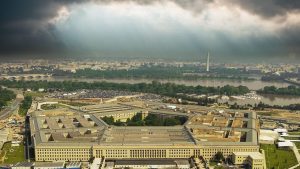 An aerial view of the Pentagon with Washington DC beyond