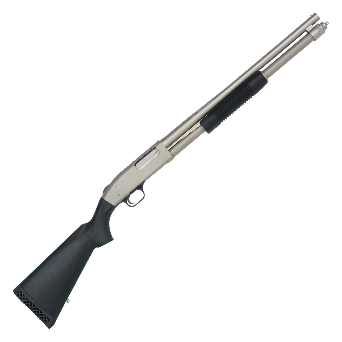 Mossberg 590 Mariner pump-action shotgun with matt silver finish and black synthetic stock