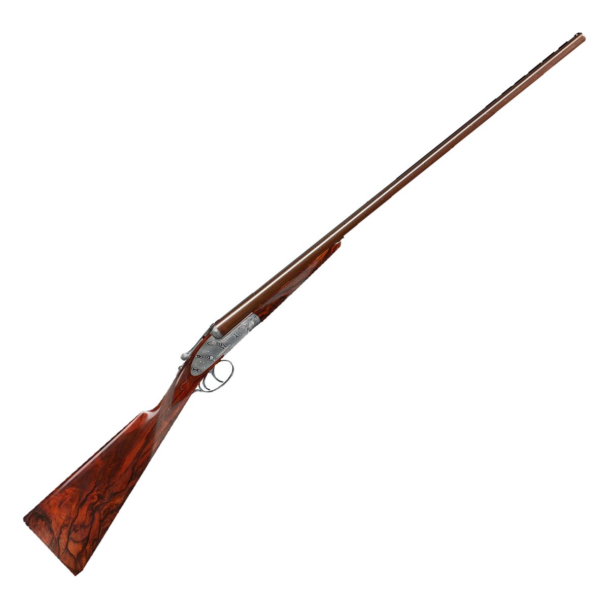 Purdey Damascus model sidelock side-by-side shotgun with engraved action and figured walnut stock