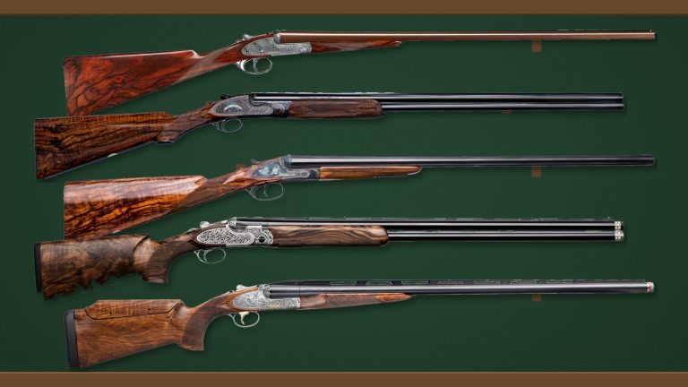 Five of the best shotguns in the guide, from Purdey, Holland & Holland, Rigby, Beretta and Fabarm, on a gun-room rack